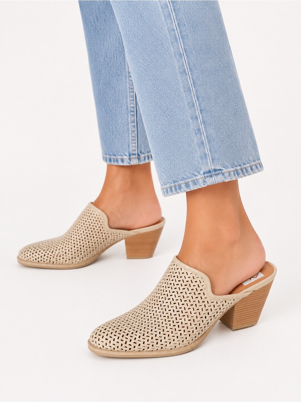 Dolce Vita Beige Perforated Slip-On Mules with Block Heel